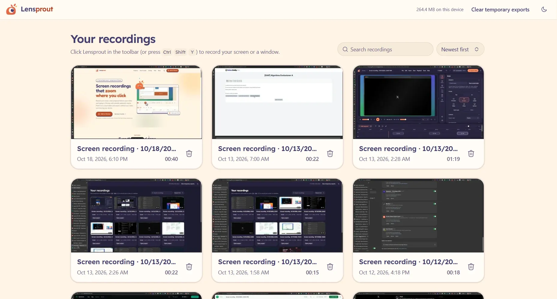 Your recordings: the Lensprout library with recording cards showing thumbnails, dates and durations, a search box and storage used on this device.